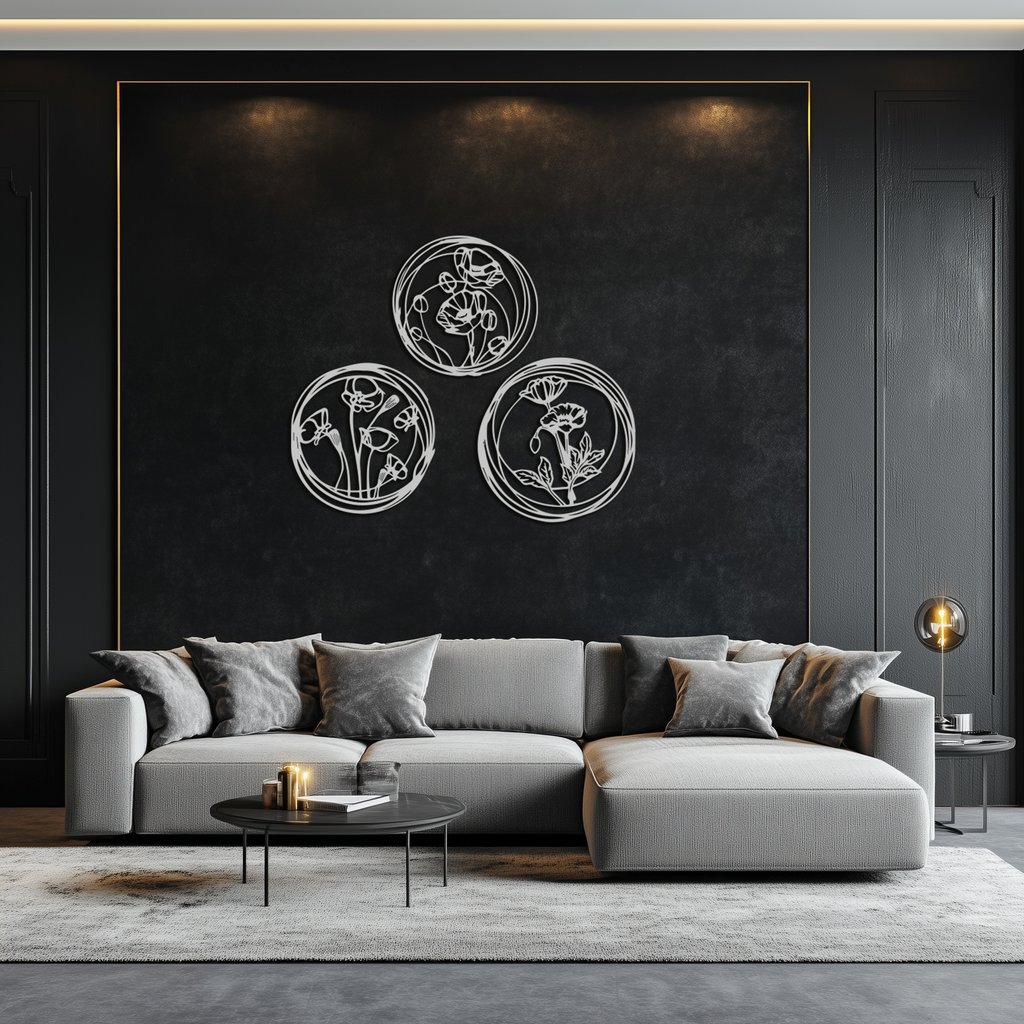 Floral Trio Metal Wall Art - Modern Botanical Circle Wall Decor- KAF168