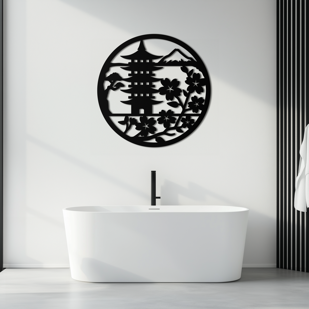 Japanese Pagoda and Sakura Flowers Metal Wall Art – Zen Garden Decor- KAF570