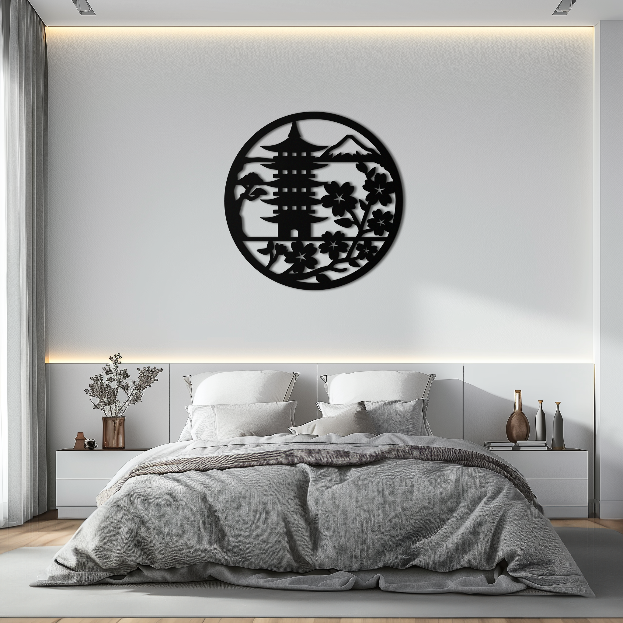 Japanese Pagoda and Sakura Flowers Metal Wall Art – Zen Garden Decor- KAF570