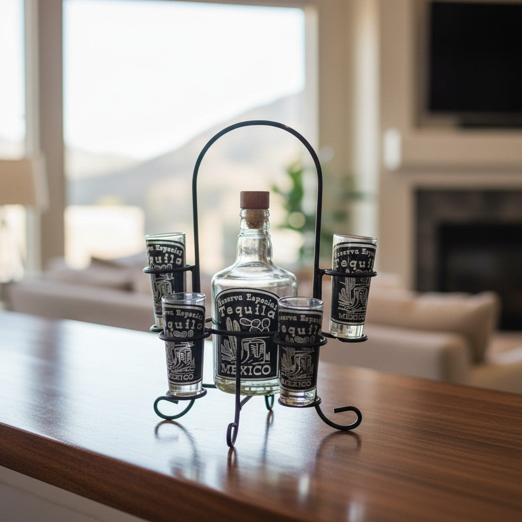 Mexican Tequila Decanter Set | Handmade Metal Holder