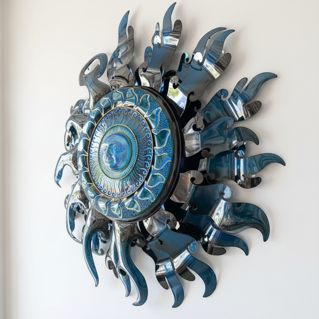Giant Sun Wall Art with Light Fixture | Handmade Mexican Metalwork